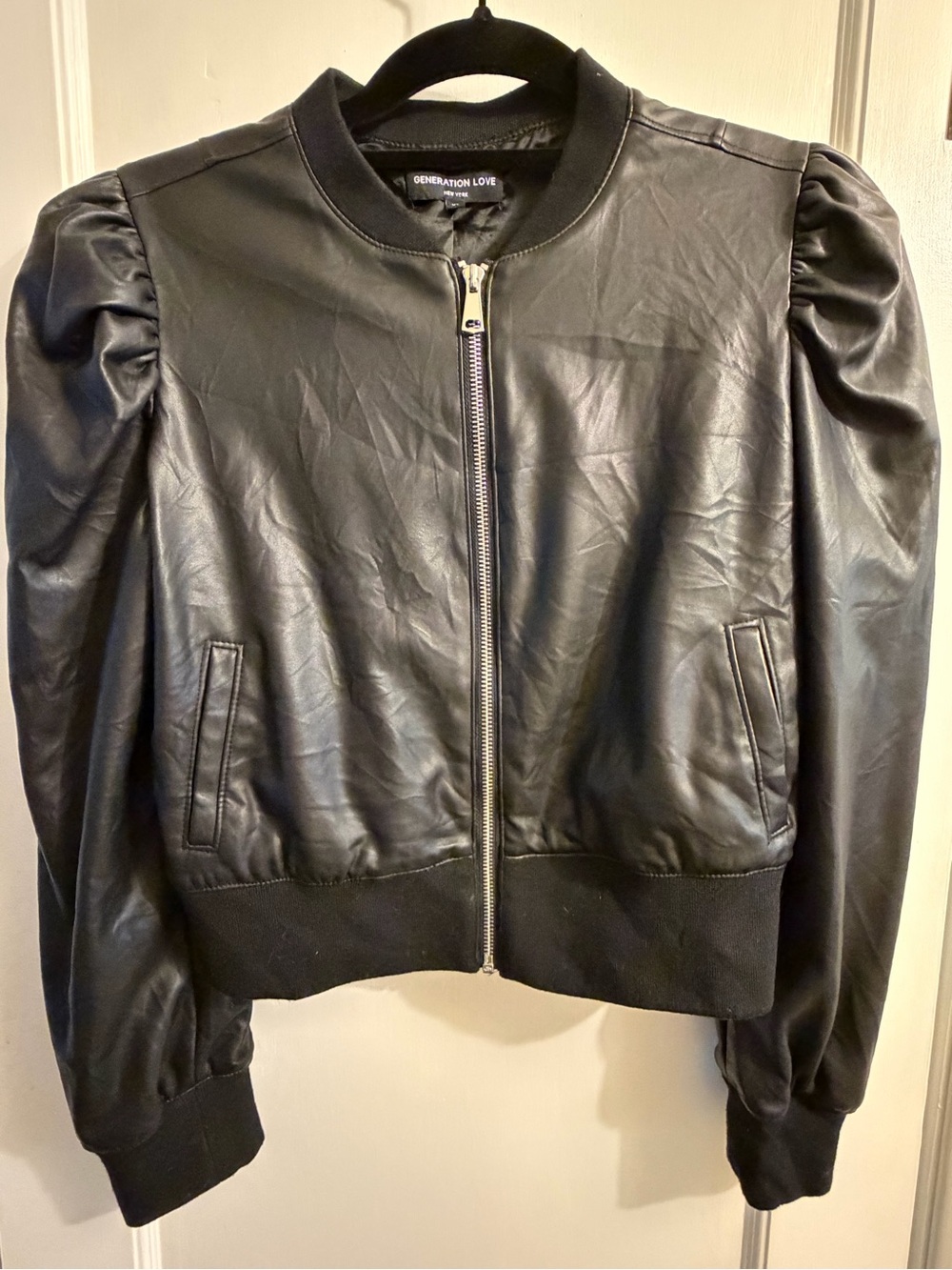 Generation Love Tinsley Puff-Sleeve Bomber Jacket- Black Faux Leather